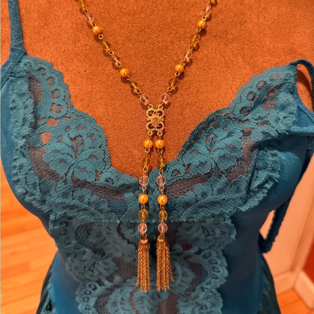 VTG Elegant Gold and Pink Beaded Necklace Renaissance Victorian Coquette